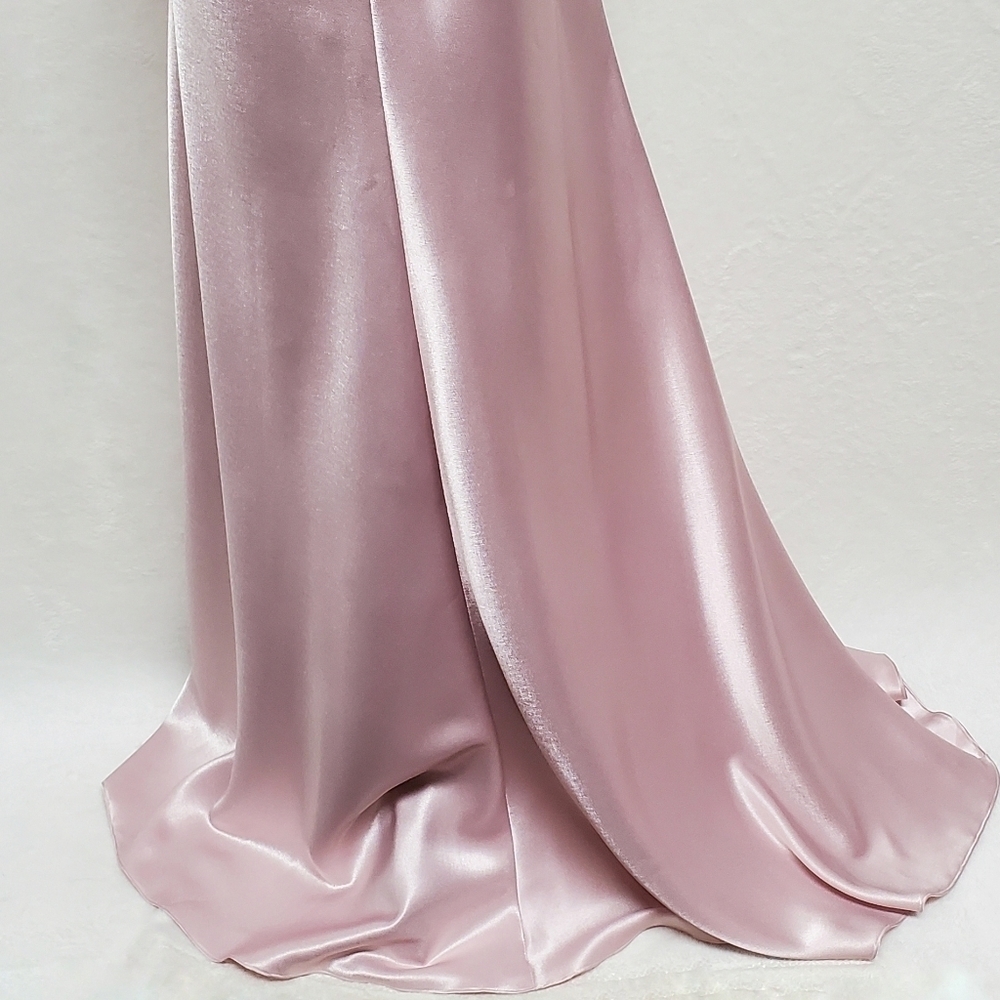 VINTAGE 90s 1001 Nights Blush Pink Satin Crochet Panel Lace-up Back Maxi Dress 6 - Picture 10 of 16